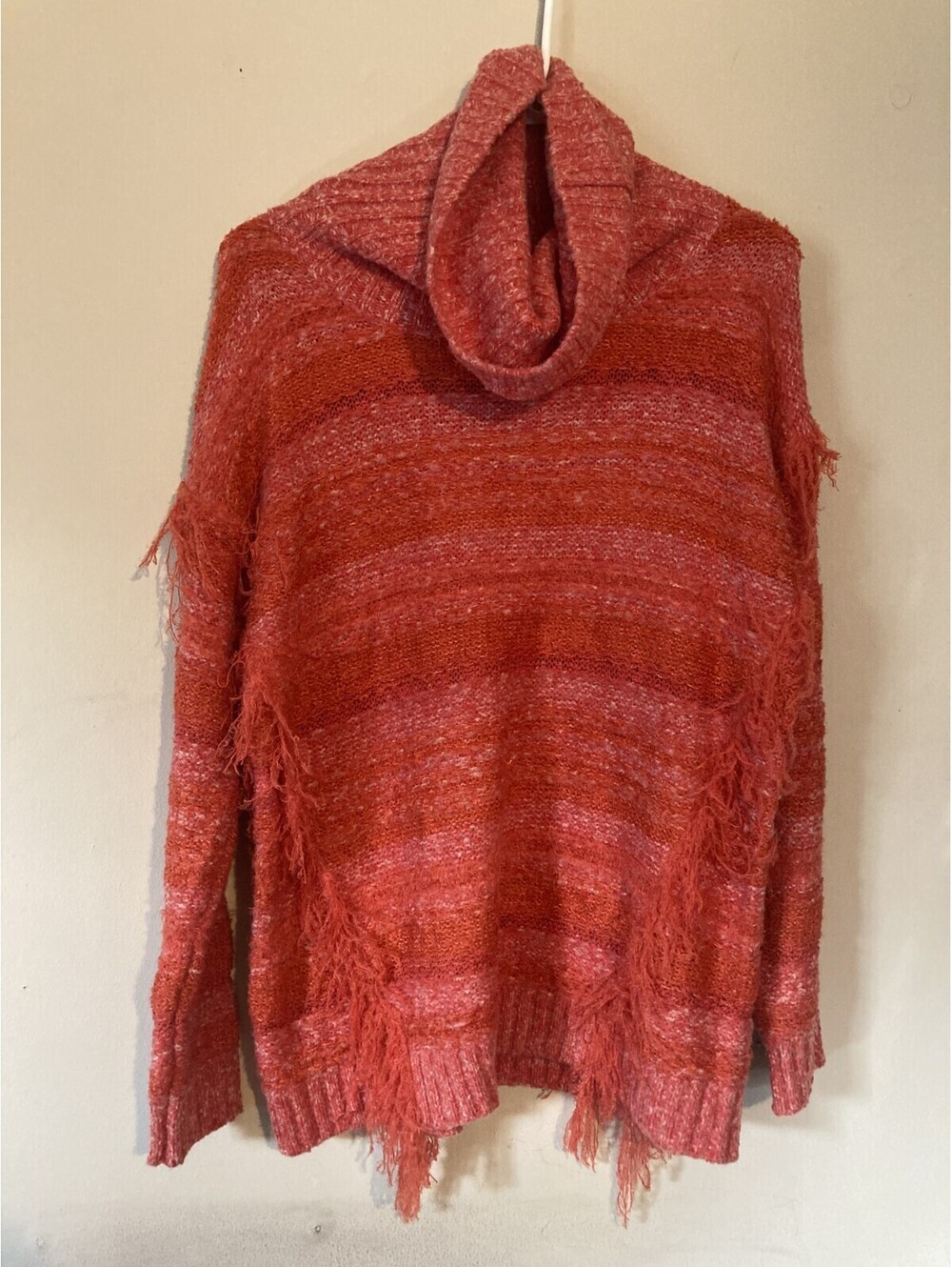 KENSIE Women's Cowl Neck Fringed Sweater Pullover Pink Orange Loose Fit - size M